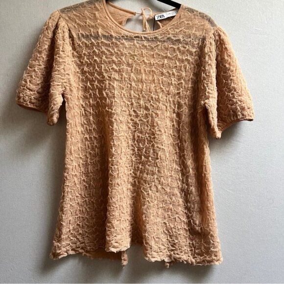 NWT Zara puffy sleeves open back short sleeve chiffon textured top Sz M - Picture 2 of 11